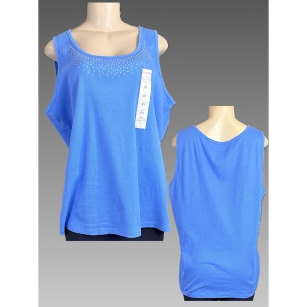 St Johns Bay Womens 2X Blue Ribbed Tank Top Studded Scoop Neck 100% Cotton NWT